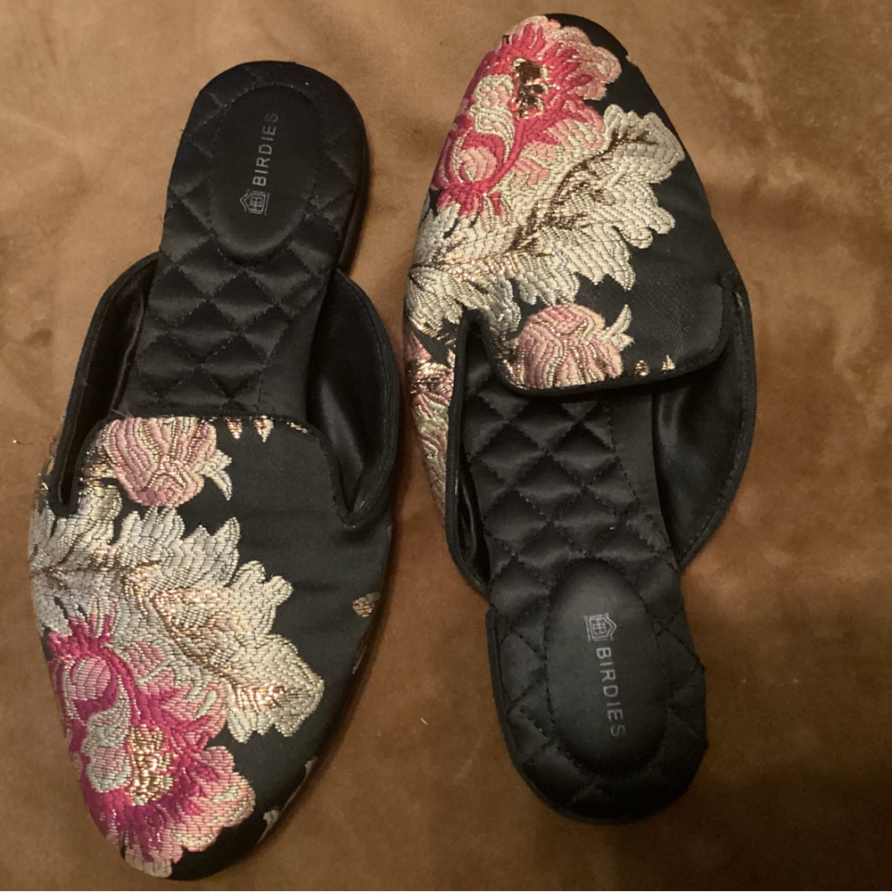 Birdies Black and Pink Floral Mules